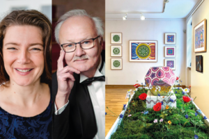 Porträt einer lächelnden Frau mit braunen Haaren und eines älteren Mannes mit Brille und Fliege; daneben Kunstausstellung mit farbenfrohen Gemälden und einer Installation aus Blumen und Moos