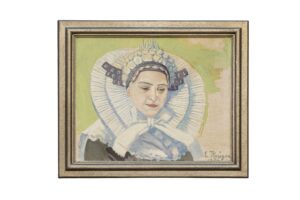 Gemälde von Erna Krüger zeigt eine Braut mit traditioneller Haube und Blumenkranz, signiert und datiert 1929.